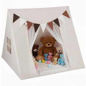 HOMASIS Tenda per Bambini da Interno con Materassino Imbottito | Casetta da Gioco con 2 Finestre, Tenda e 9 Bandierine, Tenda Indiani per Cameretta, 120 x 120 x 105 cm, Beige