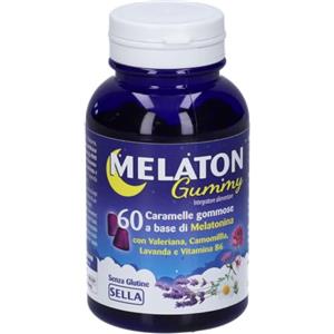 Sella Melaton Gummy - Melatonina 1 mg con Valeriana, Camomilla, Lavanda e Vitamina B6 - Integratore per il Rilassamento e il Sonno - 60 Caramelle Gommose Gusto Mirtillo - Senza Glutine