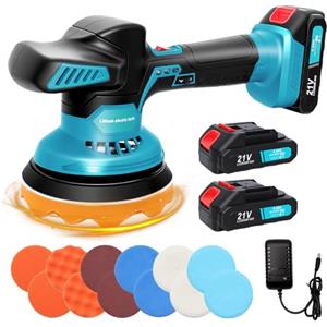 Timisea Lucidatrice a batteria da 21 V, set con 2 batterie da 2000 mAh, lucidatrice eccentrica con motore ad alte prestazioni, mini lucidatrice a 6 marce, incl. 12 cuscinetti accessori per la cura dell'auto e
