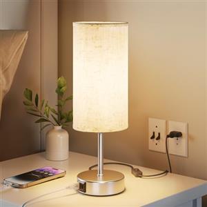 UPXNBOR Lampada da Comodino Touch, Abat-Jour da Comodino con Ricarica | Lampada da Scrivania con Porte USB A + C, 3 Livelli di Luce Calda, Paralume in Lino, Cavo 1,5 m, E27 Inclusa, Argento