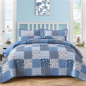 Mybedsoul, Set con copripiumino blu stile boho, per letto matrimoniale, 3 pezzi, copriletto trapuntato floreale a quadri per tutte le stagioni, set di biancheria da letto reversibile, 228,6 x 243,8 cm