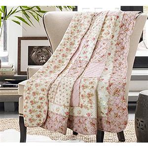 Cozyholy Copriletto trapuntato in 100% cotone originale, per letto matrimoniale, motivo floreale, reversibile, vintage, shabby chic, per divano e divano