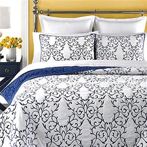 mixinni® Lussuoso copriletto trapuntato ricamato in 100% cotone (matrimoniale blu reale) (federe non incluse)