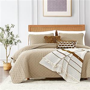 ROARINGWILD Set di biancheria da letto matrimoniale beige con federe, copriletto leggero e morbido, coperta trapuntata sottile, per tutte le stagioni, estate e primavera, 3 pezzi, 228,6 x 228,6 cm, color crema