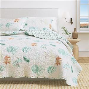 Great Bay Home Key West Quilts - Trapunta trapuntata reversibile per letto matrimoniale, 2 pezzi, con 1 federa, per tutte le stagioni, copriletti da spiaggia, set copriletto in corallo e conchiglie