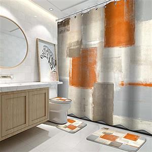 Lnond Set di 4 tende da doccia da bagno con tappeti, moderna pittura artistica arancione e bianca, set da bagno con tenda da doccia, tappeti e accessori