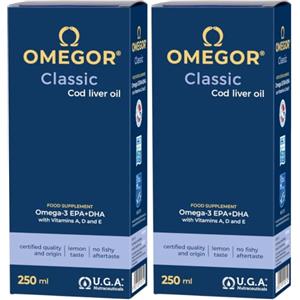 Omegor Olio di Fegato di Merluzzo Liquido OMEGOR Classic 250ml - Senza Retrogusto di Pesce - Omega 3 Liquido 1000mg con Vitamine A, D, E - 540mg DHA 360mg EPA (Confezione da 2)