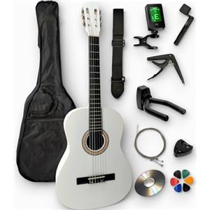 AMBRE Pack Chitarra Classica 4/4 (Adulto) + 10 Accessori (Custodia, Supporto da parete, Accordatore, Cinghia, Capotasto Archi, 6 plettri, Scatola, Manovella) + Corsi Video & CD (Bianco, 1/2, Sinistra)
