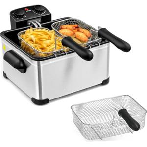 LIFEZEAL Friggitrice ad Olio con 1 Cestello Grande e 2 Piccoli(Argento, 5L) | Friggitrice Elettrica Professionale da 1700 W, Struttura in Acciaio Inossidabile, Timer e Temperatura Regolabile per Casa