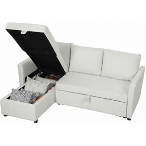 HOMCOM Divano Letto 3 Posti con Chaise Longue Convertibile Crema | Divano Angolare Estraibile, Vano Portaoggetti, 3 Cuscini Sfoderabili, Tessuto Effetto Lino, 192x148x86cm