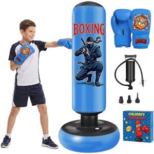 Qoosea Sacco da Boxe per Bambini, 165cm Stabile Pungiball Bambini con Guantoni de Box, Sacco da Boxe da Terra Gonfiabile per Taekwondo Karate MMA, Regalo per Ragazzi Ragazze