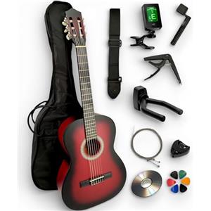 AMBRE Pack Chitarra Classica 4/4 (Adulto) + 10 Accessori (Custodia, Supporto da parete, Accordatore, Cinghia, Capotasto Archi, 6 plettri, Scatola, Manovella) + Corsi Video & CD (Rosso, 1/2, Sinistra)