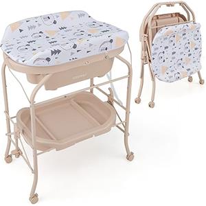 COSTWAY Fasciatoio Neonato con Vaschetta Bagnetto, Pieghevole (Beige) | Fasciatoio con Materassino, Cestino Portaoggetti, Ruote con Freno, Portata 35kg+15kg