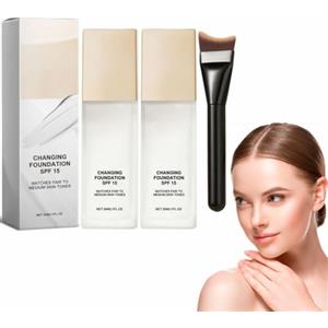 Rakiuty Mira Glow Fondotinta Pelli Mature e Pennello per Fondotinta SPF15 Fondotinta Cambia Colore Impeccabil Fondazione per Trucco che Cambia Colore Naturale Effetto Uniforme e Luminoso a Lunga Tenuta (2PCS)