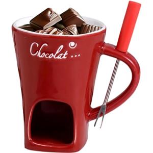 GREATRICH Tazza Cioccolata Calda Candela, Tazza per Fonduta di Cioccolato in Ceramica da 130ml con Forchette, Scaldacioccolato per Casa, Regalo per Appassionati di Tazza Sciogli Cioccolato (Rosso)