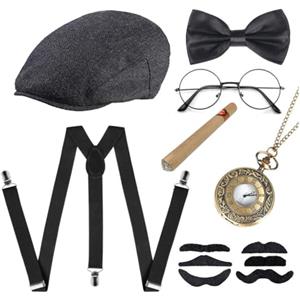 QUXV 7 Pezzi Set Accessori Anni 20 per Uomo, Gatsby Gangster Costume Accessori, con Cappello Panama, Orologio da Tasca, Cinghie, Papillon, Baffi, Occhiali da Vista, per Natale Carnevale Festa
