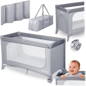 Ricokids Lettino da viaggio per bambini con materasso, 125 x 65 x 78 cm, lettino da viaggio per bambini, fino a 15 kg, 2 ruote con freni, ingresso laterale rimovibile, borsa per il trasporto,