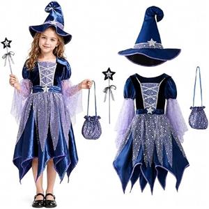 Generico Costume Da Strega Per Bambina Set 4 Pezzi Con Vestito Cappello Bacchetta Borsetta Per Halloween Carnevale Spettacolo Festa 4-15 Anni