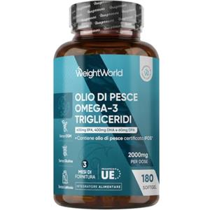 WeightWorld Omega 3 2000mg Trigliceridi Certificato IFOS, 600mg EPA, 400mg DHA | 60mg DPA, Olio di Pesce, No OGM, Integratore Omega3 Fish Oil, EPA e DHA Contribuiscono alla Normale Funzione del Cuore (EFSA)