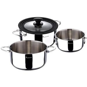 MasterPRO Foodies - Batteria da cucina - Set da 4 a meno con padelle da 4, 20 e 24 cm e coperchio di vetro - prodotto in acciaio inossidabile - compatibile con tutti i tipi di cucine