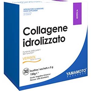 YAMAMOTO RESEARCH, Collagene Idrolizzato 30 Bustine da 5 gr, Integratore con Collagene, Acido Ialuronico e Vitamina C, Gusto Fragoline di Bosco