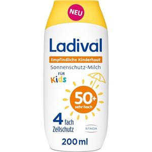 Ladival Crema solare per bambini, latte LSF50+, per pelli sensibili dei bambini, neonati e bambini dai 6 mesi, extra impermeabile, 4 protezioni cellule, 200 ml