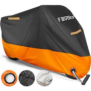 Favoto Telo Coprimoto 210D Teli per Moto Scooter Impermeabile Resistente ad Acqua/Polvere/Pioggia/Vento/Foglie, Copertura Motociclo (Nero Arancione, 265x105x125cm)