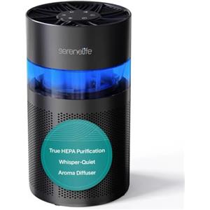 SereneLife Purificatore d'Aria Portatile, Piccolo con Box Aroma e Luce, Alta Filtrazione, 2 Velocità, Timer, Modalità Sonno, Promemoria Filtro, 15x15x30 cm, Air Purifier Nero