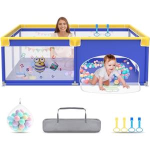 UISEBRT Box per bambini, 180 x 200 cm, con 50 palline oceaniche e 4 anelli e borsa per il trasporto, pieghevole, con rete traspirante, per bambini, blu con motivi di animali