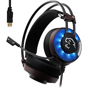 Diswoe AOSO J9 USB Cuffie da Gioco Virtual 7.1 Surround Sound Gaming Headset USB con microfono Deep Bass per PC, Nero