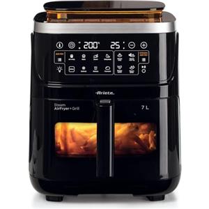 Ariete 4636 Friggitrice ad aria con funzione vapore + Grill, 1700W, Funzione essiccazione, 10 funzioni di cottura, Cestello trasparente, Timer, Nero