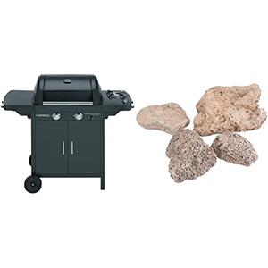 Campingaz 2 Series D Barbecue a Gas Serie 2 Classic EXS Vario a 2 fuochi, Potenza 7,5 kW, Griglia e Piastra in ghisa, 1 Tavolo Laterale, 10 Litri, Nero/Grigio & Roccia Lavica, 3kg