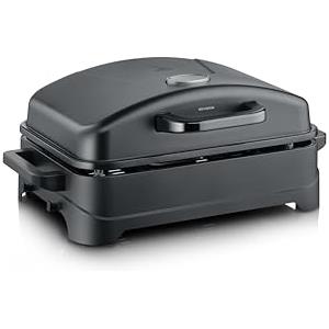 Severin Barbecue da tavolo elettrico per balcone, 2300 W, tempo di riscaldamento 10 minuti, rivestimento in ceramica, max 230 °C, con coperchio, termometro, superficie grill 45 x 30 cm, nero opaco, PG