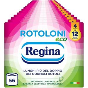 Regina Rotoloni Eco, 56 Maxi Rotoli di Carta Igienica a 2 Veli | 500 Fogli, Lunghi Più del Doppio dei Normali Rotoli, Confezione in Carta Riciclabile, Carta 100% Certificata FSC