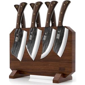 HOSHANHO 8 Pezzi Set di Coltelli da Cucina, Acciaio al Carbonio Giapponese Forgiato a Mano Set di Coltelli con Ceppo Magnetico, Set di Coltelli da Chef Ultra Affilati con Mannaia e Tritaossa Come Rega