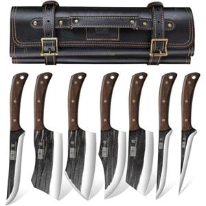 HOSHANHO Set di Coltelli da Macellaio, Set Coltelli da Cucina con Borsa | Forgiati Mano Coltello da Carne, Coltello da Mannaia Resistente, Coltelli da Disossare per Campeggio e BBQ Regalo per Uomo