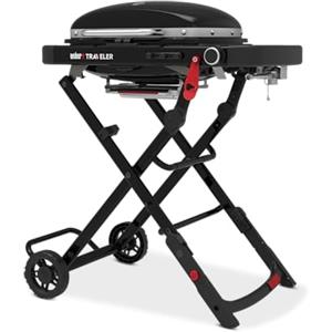 Weber Traveler Compact Barbecue a Gas, 1 Bruciatore, Griglia di Cottura 52 x 36 cm, BBQ Portatile Da Esterno, Termometro sul Coperchio, Carrello con Ruote Ripiegabile, Nero (1500557)