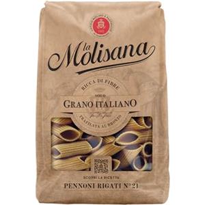 La Molisana - Pennoni Rigati Integrali n. 21, Pasta da Grano Italiano, Grandi, Rustici e Ricchi di Fibre, Trafilati al Bronzo, Confezione da 500 g