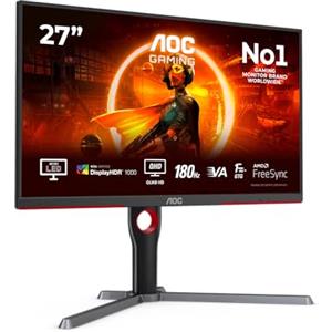 AOC Gaming Q27G3XMN - QHD Monitor da 27 pollici, 180 Hz, FreeSync Prem. Pro., HDR1000 (2560x1440, 1 ms GtG, HDMI, Display Port) nero-rosso