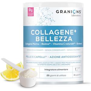 Granions Collagene Marino con Acido Ialuronico in Polvere 250 g Limone - Granions | 9 g collagene marino Tipo I, acido ialuronico, biotina, vitamina C ed enotera, capelli e pelle, 25 porzioni