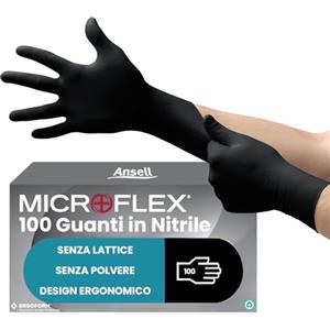 Ansell MicroFlex 93-852 Guanti Monouso in Nitrile, Senza Polvere né Lattice, Protezione Professionale per Usi Generali, Alimentari e Industriali, Resistenza Chimica, Nero, Taglia M (100 Guanti)