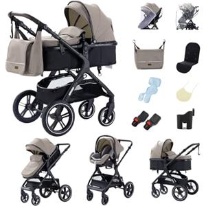 YAZOCO Passeggino Trio, 3 in 1 Carrozzina Ovetto Pieghevole Set Passeggino Neonato Sedili Parapiedi Zanzariere Carrozzina Multifunzionale (Cachi)