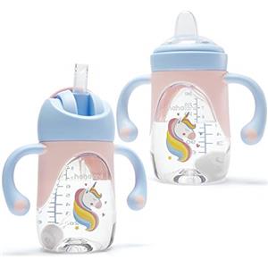 hahaland 2 in 1 Bicchiere Antigoccia Bambini Tazza con Cannuccia Beccuccio | 240ml Biberon, Antiperdita Silicone Training Cup, Biberon 6-12 Mesi, Unicorno(Una Tazza con 2 Beccucci)