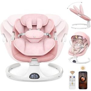 Thalyrnn Sdraietta Neonati Elettrica 0-6 Mesi, Cintura di Sicurezza a 5 Punti, 5 Velocità, Timer a 3 Livelli, Dondolo Elettrico con Pannello Touch, Telecomando e Musica Per Interno & Esterno(Rosa)
