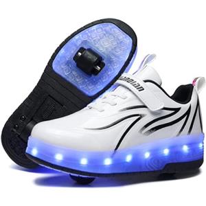 ENEN Scarpe con Ruote per Ragazzi Ragazze, Scarpe con 2 Rotelle Pattini LED Luce - Pattini A Rotelle 2 in 1 Multifunzionali A 2 Ruote per Bambini Ragazze Giovani Adulti Rosa Blu Bianco 28-41 EU