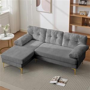 Azkoeesy Divano Angolare a L, 3 Posti, 187,5 cm, Tessuto Ciniglia, Chaise Longue Reversibile, Gambe Metalliche Dorate (grigio)