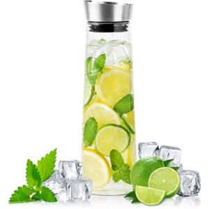 Focenat Caraffa in Vetro da 1 Litro con Coperchio per Limonata, Acqua e Tè (A) | Brocca Acqua Vetro Borosilicato, Filtro in Acciaio Inox, Bottiglie Vetro 1 Litro, per Tè Freddo, Acqua Calda e Fredda, Latte