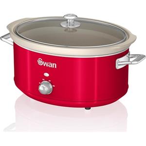Swan Retro SF17031RNEU - Pentola da cottura lenta, 6,5 l, rimovibile, antiaderente, in ceramica libera PFOA e PTFE a 3 livelli, con coperchio in vetro Slow Cooker, design vintage rosso 320 W