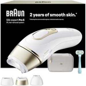 Braun Epilatore Lumiere Pulsee Silk Expert Pro 5 PL5311, bianco e oro | Alternativa al laser a casa, cablata, con custodia, rasoio Gillette Venus, 3 teste