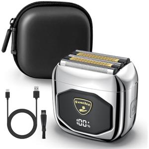 Rescien Mini Rasoio Elettrico Uomo Wet&Dry, Corpo in Metallo/5 Testine di Rasatura | Wet & Dry (IPX7), autonomia di 120 minuti, ricarica USB-C, custodia da viaggio, funzionamento silenzioso, display LED